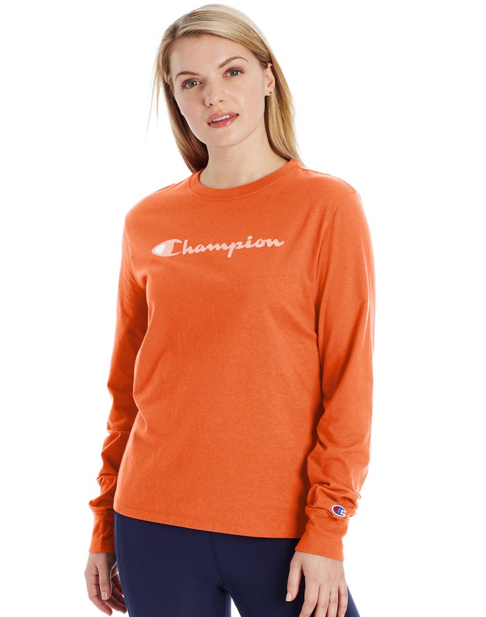 Champion Dame T-Shirts Orange - Classic Long-Sleeve Script Logo - Danmark CWX-028436